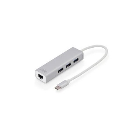 HUB/Koncentrator Digitus 3-portowy USB Typ C, USB A HighSpeed z Gigabit LAN aluminium
