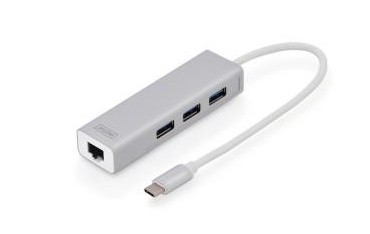HUB/Koncentrator Digitus 3-portowy USB Typ C, USB A HighSpeed z Gigabit LAN aluminium