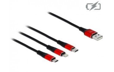 Kabel USB 2.0 Delock USB-A - micro USB-B + Lightning + USB-C tylko ładowanie M/M 0,3m czarno-czerwony