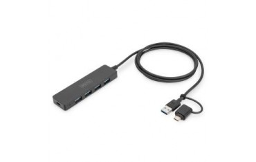 Hub USB 3.0/Koncentrator DIGITUS 4-portowy SlimLine USB A + adapter USB-C 1,2m 5Gbps złącze zasilania USB-C