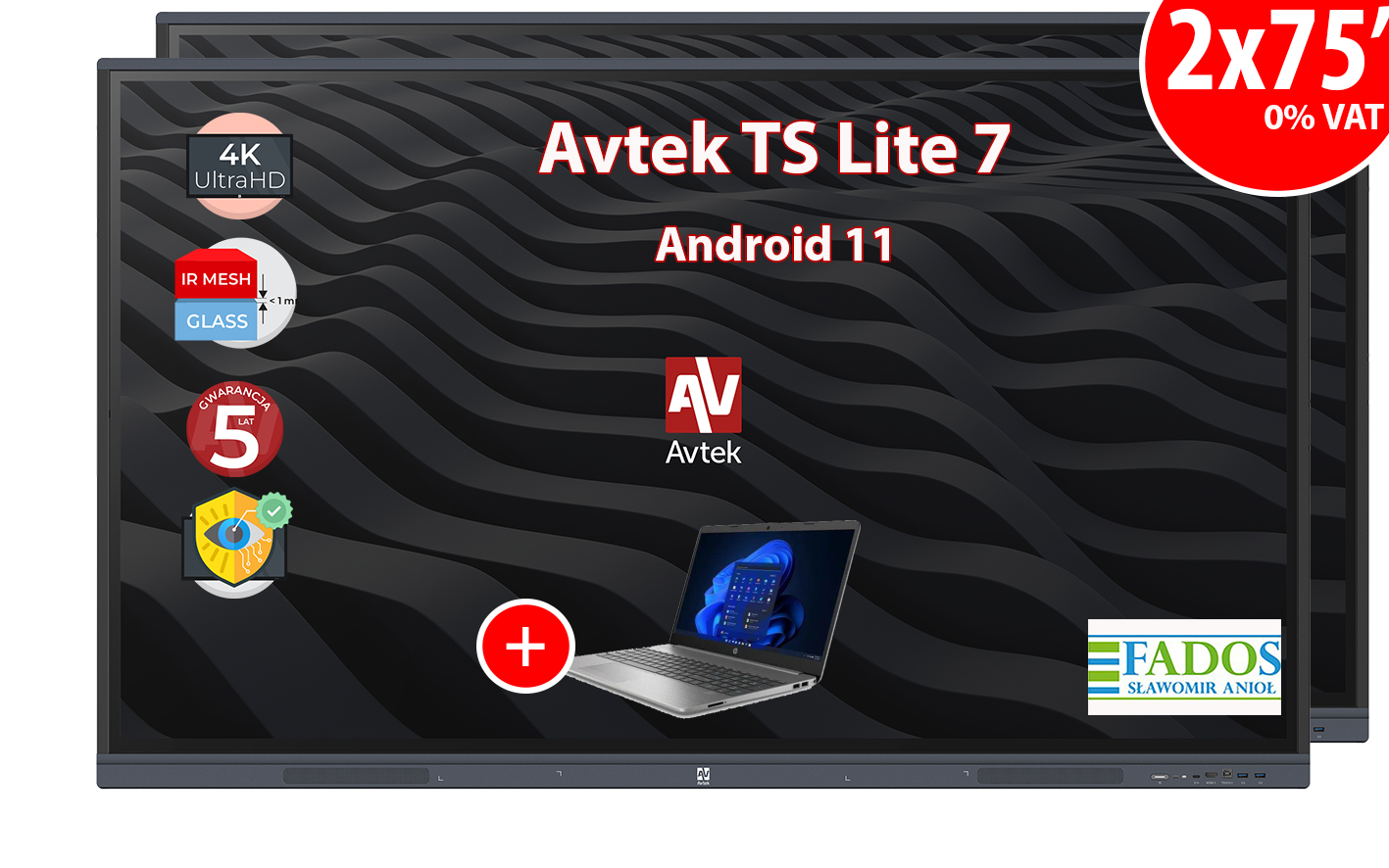 Zestaw Aktywna tablica 2024 - 2 x Avtek TS 7 Lite 75 cali 4 K + laptop