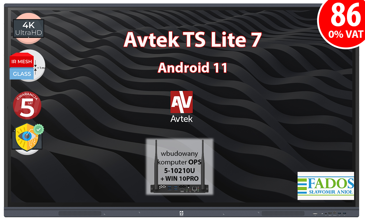 Monitor interaktywny Avtek TS 7 Lite 86 cali 4 K z wbudowanym komputerem OPS i5