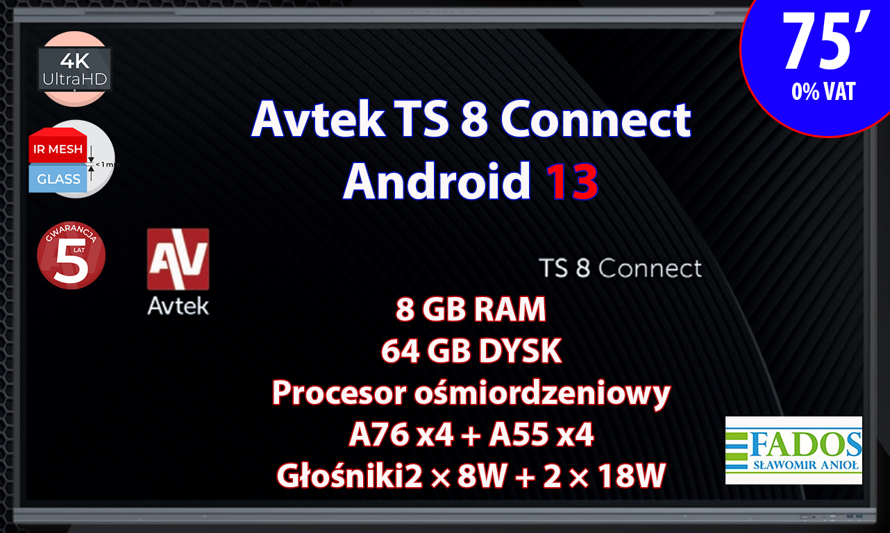 Monitor interaktywny Avtek TS 8 Connect 75 4K Android 13 0% VAT dla edukacji
