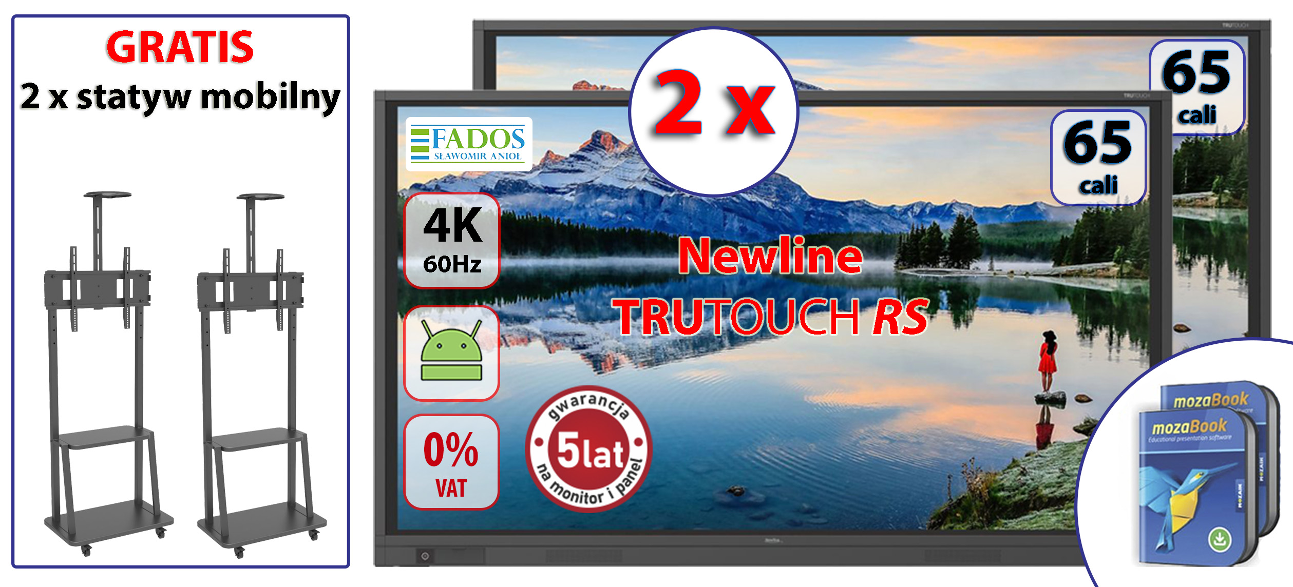 Aktywna tablica dwa monitory interaktywne 65 cali Newline TruTouch TT-6519RS + dwa statywy mobilne gratis